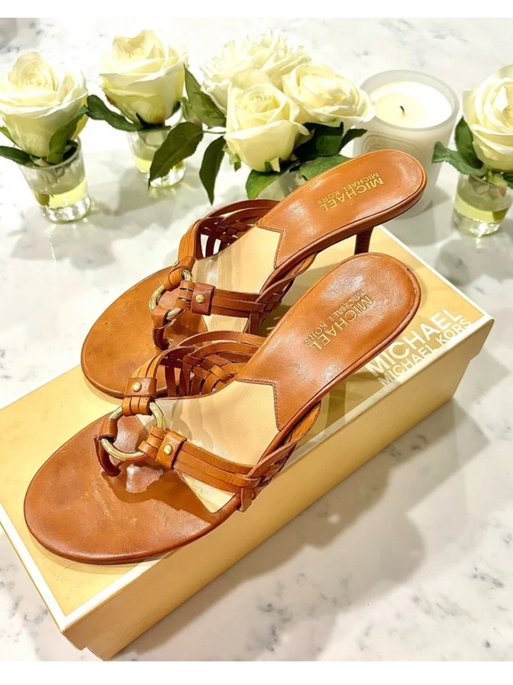 MICHAEL Michael Kors Tan Leather Woven Heeled Mules Y2K 7